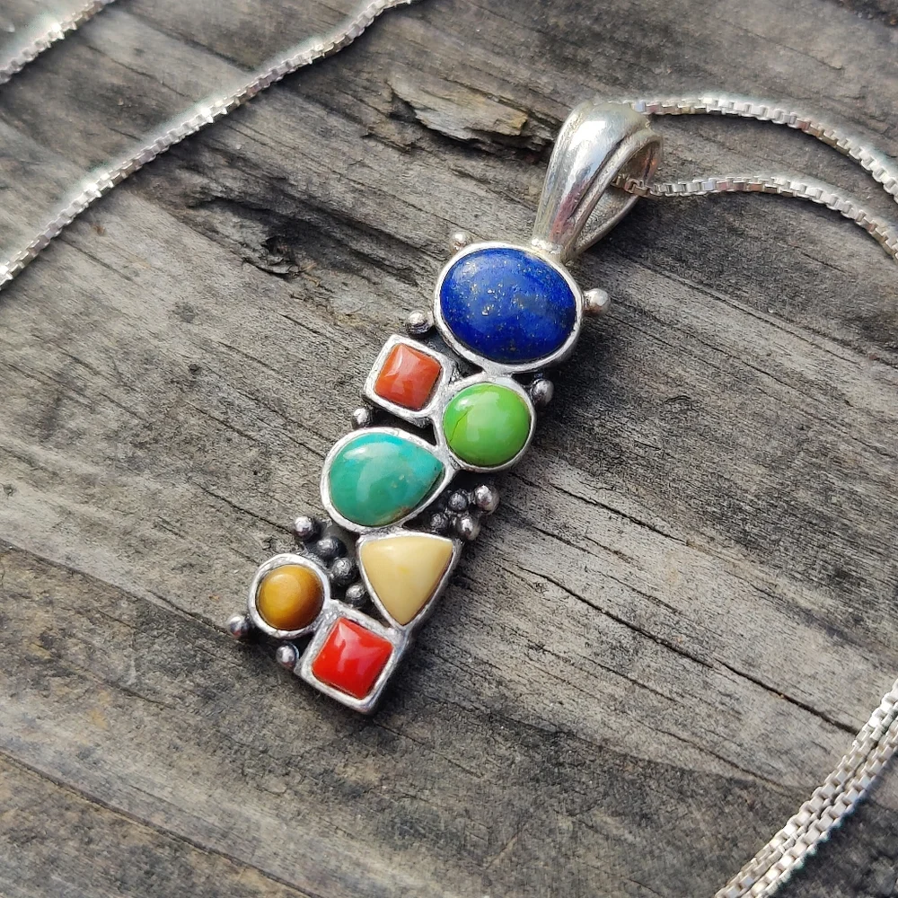 Vintage Sterling Multi Gemstone Pendant Necklace - Picture 4 of 8